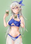  1girl ahoge anti_(untea9) bikini blue_bikini breasts cowboy_shot cup disposable_cup eyebrows_visible_through_hair gradient gradient_background green_background grey_eyes hair_between_eyes highres holding holding_cup kantai_collection large_breasts long_hair looking_at_viewer navel official_alternate_costume sarong silver_hair smile solo swimsuit translucent_sarong underboob washington_(kancolle) 