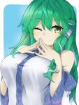  1girl ;) bangs bare_shoulders blue_background border breasts closed_mouth detached_sleeves eyebrows_visible_through_hair frog_hair_ornament green_eyes green_hair hair_ornament hair_tubes hands_together highres kochiya_sanae large_breasts long_hair looking_at_viewer nontraditional_miko one_eye_closed shirt smile snake_hair_ornament solo touhou tyouseki upper_body white_border white_shirt wide_sleeves 