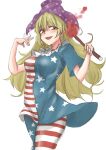 1girl :d absurdres american_flag_dress bad_hands bangs blonde_hair blush breasts clownpiece commentary_request cowboy_shot error eyebrows_visible_through_hair hair_between_eyes hands_up hat highres holding holding_torch jester_cap kuraki long_hair looking_at_viewer medium_breasts neck_ruff open_mouth pantyhose polka_dot purple_headwear red_eyes simple_background sketch smile solo star_(symbol) star_print torch touhou very_long_hair white_background wrong_hand 