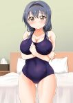  1girl ass_visible_through_thighs bed blue_hair blue_swimsuit blush breasts brown_eyes cameltoe cleavage closed_mouth collarbone covered_navel covered_nipples crossed_arms eyebrows_visible_through_hair furutani_himawari hair_ornament hairband highres indoors inemuri_nuko large_breasts looking_at_viewer medium_hair shiny shiny_hair skindentation solo standing swimsuit twintails yuru_yuri 