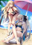  2girls barefoot beach beach_umbrella bikini black_bikini blue_choker blue_eyes blue_sky breasts choker cleavage commentary_request cup day drinking_glass drinking_straw eyebrows_visible_through_hair fairy_knight_gawain_(fate) fate/grand_order fate_(series) heterochromia highres huge_breasts large_breasts leaning_forward light_brown_hair long_hair looking_at_viewer looking_over_eyewear morgan_le_fay_(fate) multiple_girls navel ocean outdoors palm_tree red_eyes relaxed silver_hair sitting sky sunglasses suzumia_(daydream) swimsuit tinted_eyewear tree umbrella very_long_hair 