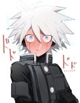  1boy a_tama_(pakpak_tkg) absurdres bangs blue_eyes blush commentary_request danganronpa_(series) danganronpa_v3:_killing_harmony embarrassed full-face_blush gloves grey_background grey_hair hair_between_eyes headphones highres keebo male_focus messy_hair parted_lips power_armor short_hair simple_background solo spiked_hair steam translation_request upper_body white_background white_hair wide-eyed 
