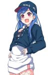  1girl bangs baseball_cap blue_headwear blue_jacket denim denim_jacket eyebrows_visible_through_hair fang fanny_pack fishnets flower hair_behind_ear hands_on_hips hat hood hoodie jacket karahai_(31448823) nijisanji nishizono_chigusa open_mouth purple_eyes skin_fang smile solo virtual_youtuber white_flower white_hoodie 