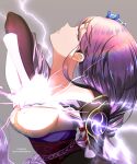  1girl armor bangs breasts chiinyan commentary_request electricity energy_sword from_side genshin_impact grey_background hair_ornament highres japanese_clothes kimono large_breasts long_hair looking_at_viewer obi obiage obijime open_mouth parted_lips purple_eyes purple_hair raiden_shogun sash shoulder_armor simple_background solo sword weapon 