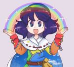  1girl :d belt blue_hair cape cloak dress eyebrows_visible_through_hair happy keb00b multicolored multicolored_clothes multicolored_dress multicolored_eyes multicolored_hairband open_mouth patchwork_clothes rainbow rainbow_gradient red_button sky_print smile solo tattered_cape tenkyuu_chimata touhou two-sided_cape two-sided_fabric watermark white_cape zipper 