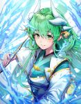  1girl bangs black_cola blush breasts dragon_girl dragon_horns fate/grand_order fate_(series) folding_fan green_hair hand_fan highres horns japanese_clothes kimono kiyohime_(fate) long_hair long_sleeves looking_at_viewer medium_breasts multiple_horns obi sash smile wide_sleeves yellow_eyes 