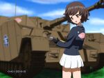  1girl akiyama_yukari anglerfish artist_name bangs black_gloves blue_jacket blue_sky brown_eyes brown_hair cloud cloudy_sky commentary_request dated day emblem from_behind girls_und_panzer gloves ground_vehicle holding jacket long_sleeves looking_at_viewer looking_back messy_hair military military_uniform military_vehicle miniskirt motor_vehicle naotosi ooarai_(emblem) ooarai_military_uniform open_mouth outdoors panzerkampfwagen_iv pleated_skirt short_hair skirt sky smile solo standing tank tank_shell uniform white_skirt 