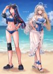  2girls ahoge animal_ears artist_name beach bikini black_jacket blue_bikini blue_hair blue_swimsuit breasts casual_one-piece_swimsuit cat_ears commentary_request full_body grey_eyes hat hat_removed headgear headwear_removed highres horizon jacket kantai_collection knee_pads large_breasts long_hair looking_at_viewer multicolored_hair multiple_girls ocean one-piece_swimsuit open_clothes open_jacket outdoors parted_lips ponytail red_hair sandals sarong silver_hair single_knee_pad smile south_dakota_(kancolle) sports_bikini straw_hat sun_hat swimsuit visor_cap washington_(kancolle) white_hair wss_(nicoseiga19993411) 