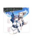  2girls animal_ears arknights arm_up bag bangs bare_legs barefoot bikini bikini_bottom bird black_swimsuit blonde_hair blue_eyes blue_jacket blue_sky breasts carrying carrying_person chinese_commentary commentary_request cow_ears cow_horns earpiece fingerless_gloves fox_ears fox_girl fox_tail gloves grey_gloves grin highres horns jacket large_breasts long_sleeves looking_at_viewer looking_up multiple_girls official_alternate_costume open_clothes open_jacket open_mouth parted_lips pipidan purple_hair shoulder_bag sideroca_(arknights) sideroca_(light_breeze)_(arknights) simple_background sky smile sussurro_(arknights) sussurro_(summer_flowers)_(arknights) swimsuit tail thigh_strap visor_cap white_background white_bikini white_headwear yellow_eyes 