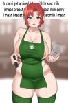  1girl absurdres alternate_costume apron aqua_eyes areolae barista boudica_(fate) breasts cup disposable_cup english_text fate/grand_order fate_(series) green_apron highres holding holding_cup holding_marker huge_breasts iced_latte_with_breast_milk_(meme) marker meme naked_apron nohohon_pictures red_hair short_ponytail solo starbucks thighhighs 