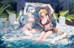  2girls alchemy_stars aochoku bikini braids brown_hair carleen_(alchemy_stars) elbow_gloves gloves gray_hair long_hair navel swimsuit tail vice_(alchemy_stars) water 