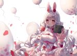  albinoraccoon animal_ears blush bow bunny_ears bunnygirl dress game_console gray_hair long_hair original pink_eyes 