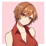  1girl bare_shoulders breasts brown_eyes cleavage collarbone commentary english_commentary head_tilt light_blush looking_at_viewer medium_breasts meiko pink_background red_shirt shirt short_hair sleeveless sleeveless_shirt smile solo upper_body vocaloid yen-mi 