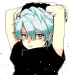  1boy arms_up black_nails blue_eyes blue_hair closed_mouth dynamic_chord e_(xrpa4zlquxlfk27) earrings fingernails hair_between_eyes jewelry kuroya_yuu light_blue_eyes light_blue_hair male_focus pinky_ring ring simple_background solo upper_body white_background 