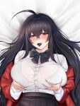  1girl ahoge alternate_costume azur_lane bangs bed_sheet black_bra black_hair black_neckwear black_skirt blush bow bowtie bra bra_through_clothes breast_grab breasts chinese_commentary closed_mouth collared_shirt condom condom_in_mouth condom_wrapper cropped crossed_bangs dakimakura_(medium) deep_skin dress_shirt eyebrows_visible_through_hair eyelashes from_above grabbing grabbing_own_breast hair_between_eyes jacket large_breasts long_hair long_sleeves looking_at_viewer lying maskwolf mouth_hold off_shoulder on_back open_clothes open_jacket pleated_skirt red_eyes red_jacket sample school_uniform see-through shirt shirt_tucked_in skirt smile solo taihou_(azur_lane) underwear upper_body white_shirt wing_collar 