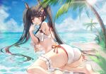  akagi_(zhanjian_shaonu) animal_ears anthropomorphism ass barefoot beach bell bikini black_hair blush erect_nipples garter japanese_clothes l_ii long_hair miko red_eyes ribbons signed swimsuit tree twintails underboob water zhanjian_shaonu 