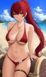  1girl absurdres arrow_through_heart artist_name bangs beach bikini blue_sky blush breasts cleavage cloud cowboy_shot earrings eyebrows_visible_through_hair hair_between_eyes heart heart_necklace highres hololive houshou_marine jewelry large_breasts lips long_hair necklace ocean parted_lips ponytail red_eyes red_hair sitting sky smile swimsuit thigh_strap treasure_chest very_long_hair virtual_youtuber water yellow_eyes zaphn 