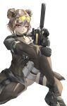  1girl absurdres bullpup choker double_bun girls&#039;_frontline gun highres light_brown_hair p90 p90_(girls&#039;_frontline) red_eyes short_hair submachine_gun user_nvnc7485 weapon 