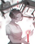  1girl absurdres black_hair blurry candle desk detention_(game) dollyly21 fang_ray_shin fire flame hair_ornament hairclip highres holding_candle school_desk school_uniform shirt short_hair solo standing white_background white_shirt 