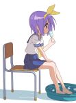  1girl barefoot basin blue_eyes blue_sailor_collar blue_skirt bow bow_hairband chair commentary food from_side haaaaru841 hair_bow hairband highres hiiragi_tsukasa holding holding_food ice lucky_star neckerchief on_chair pleated_skirt popsicle profile purple_hair ryouou_school_uniform sailor_collar school_uniform shirt short_hair short_sleeves simple_background sitting skirt soaking_feet solo tongue tongue_out water white_background white_shirt yellow_bow yellow_hairband yellow_neckwear 