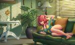  barefoot breasts cleavage couch flowers milcho original red_hair wink yellow_eyes 