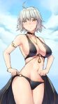  1girl ahoge armband armpits bangs bikini black_bikini blush bracelet breasts chain cleavage cloud cloudy_sky cowboy_shot eyebrows_visible_through_hair fate/grand_order fate_(series) gold_chain groin jeanne_d&#039;arc_(alter)_(fate) jeanne_d&#039;arc_(fate)_(all) jewelry large_breasts light_smile looking_at_viewer navel necklace o-ring o-ring_bikini sarhce sarong sarong_removed short_hair sky solo swimsuit white_hair yellow_eyes 