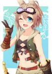  1girl absurdres animal_ear_fluff animal_ears belt black_shirt blue_background blue_eyes border bow_(weapon) breasts brown_belt brown_gloves brown_hair brown_shorts cosplay crop_top gloves goggles goggles_on_head green_hoodie highres holding holding_bow_(weapon) holding_weapon hood hood_down hoodie hound_(sekaiju) hound_(sekaiju)_(cosplay) hound_2_(sekaiju) kemonomimi_mode kuzukiri_(riezenagel) looking_at_viewer navel one_eye_closed open_clothes open_hoodie open_mouth original outside_border ria_(kuzukiri) sekaiju_no_meikyuu shirt short_hair shorts small_breasts smile solo standing w weapon white_border 