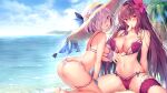  2girls ass barefoot beach bikini bow breasts clouds fate/grand_order fate_(series) food garter hat ice_cream long_hair mash_kyrielight navel pink_hair popsicle purple_eyes purple_hair scathach_(fate/grand_order) short_hair sideboob sky spread_legs swimsuit tree water wristwear xin_(moehime) 