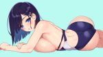  aqua_eyes ass black_hair blush breasts cyan lunch original short_hair swimsuit topless wet 