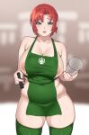  1girl absurdres alternate_costume apron aqua_eyes areolae barista boudica_(fate) breasts cup disposable_cup fate/grand_order fate_(series) green_apron highres holding holding_cup holding_marker huge_breasts iced_latte_with_breast_milk_(meme) marker meme naked_apron nohohon_pictures red_hair short_ponytail solo starbucks thighhighs 