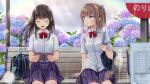  2girls akasaka_asa aliasing book original rain school_uniform water 