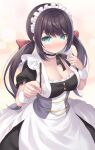  1girl apron azur_lane bangs black_hair blue_eyes blush breasts cleavage commentary_request dress food glasgow_(azur_lane) highres large_breasts long_hair looking_at_viewer low_twintails maid maid_headdress partial_commentary pocky pocky_day ribbon sakuba_nao short_sleeves solo twintails wrist_cuffs 
