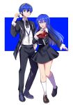  1boy 1girl absurdres blue_eyes blue_hair caeda_(fire_emblem) commission cosplay erumei24 fire_emblem fire_emblem:_mystery_of_the_emblem fire_emblem:_shadow_dragon full_body gekkoukan_high_school_uniform highres looking_at_viewer marth_(fire_emblem) media_player persona persona_3 school_uniform second-party_source shiomi_kotone shiomi_kotone_(cosplay) tiara yuuki_makoto yuuki_makoto_(cosplay) 