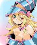  1girl bare_shoulders blonde_hair blue_background blue_headwear blush_stickers breasts cleavage dark_magician_girl duel_monster eyebrows_visible_through_hair gradient gradient_background green_eyes hair_between_eyes hat highres kakutasu_1700 large_breasts long_hair looking_at_viewer off_shoulder one_eye_closed pink_background smile solo wizard_hat yu-gi-oh! yu-gi-oh!_duel_monsters 