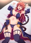  1girl :d animal_ears armor armpits bikini_armor blush breasts cat_ears cat_tail cleavage detached_sleeves fang feet_out_of_frame highres horns large_breasts long_hair looking_at_viewer machikado_mazoku narrowed_eyes navel on_bed pink_neckwear ponponmaru red_hair skin_fang smile solo stomach tail thighhighs yoshida_yuuko_(machikado_mazoku) 