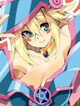  1girl arms_up bangs bare_shoulders blonde_hair blue_headwear blush_stickers breasts dark_magician_girl duel_monster eyebrows_visible_through_hair eyes_visible_through_hair green_eyes hair_between_eyes hat highres kakutasu_1700 large_breasts long_hair looking_at_viewer off_shoulder pentagram smile solo upper_body wizard_hat yu-gi-oh! yu-gi-oh!_duel_monsters 
