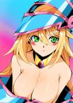  1girl bangs bare_shoulders blonde_hair blue_background blue_headwear blush_stickers breasts commentary_request dark_magician_girl duel_monster gradient gradient_background green_eyes hair_between_eyes hat highres kakutasu_1700 large_breasts long_hair looking_at_viewer off_shoulder parted_lips pink_background shadow solo wizard_hat yu-gi-oh! yu-gi-oh!_duel_monsters 