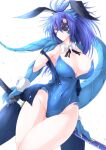  1girl animal_ears annes_(g_(genesis1556)) bangs bare_legs blue_eyes blue_hair blue_leotard breasts claws cleavage closed_mouth detached_collar dragon_girl dragon_horns dragon_tail eyepatch g_(genesis1556) groin hair_between_eyes highres holding holding_sword holding_weapon horns katana large_breasts leotard long_hair looking_at_viewer monster_girl navel original playboy_bunny ponytail rabbit_ears scabbard scar scar_across_eye sheath sheathed simple_background solo standing sword tail thighhighs weapon white_background wrist_cuffs 