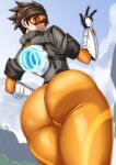  1girl ass ayuayu_(shouyu_no_sato) bad_perspective blizzard_(company) bodysuit bomber_jacket brown_hair chest_harness goggles harness huge_ass jacket leather leather_jacket orange_bodysuit orange_goggles overwatch pants short_hair solo spiked_hair tight tight_pants tracer_(overwatch) v 