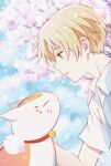  1boy absurdres animal_collar blonde_hair blurry blurry_background cherry_blossoms collar day highres looking_at_animal mesyoko natsume_takashi natsume_yuujinchou outdoors petals petting shirt upper_body white_shirt yellow_eyes 