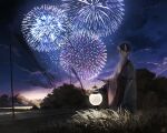  1boy aerial_fireworks arm_at_side banner black_hair blue_eyes blue_sky closed_mouth clothing_request cloud commentary_request expressionless fireworks grass hand_up highres hise holding holding_lantern horns japanese_clothes lantern looking_at_viewer male_focus night night_sky obon oni_horns original outdoors paper_lantern scenery short_hair signature skin-covered_horns sky solo standing tree wide_shot wide_sleeves 