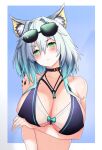  1girl :&lt; absurdres alternate_costume animal_ear_fluff animal_ears aqua_hair arknights arm_under_breasts bikini blue_background blue_bikini blush breast_hold breasts cat_ears chinese_commentary cleavage closed_mouth collarbone covered_nipples ddddecade embarrassed eyebrows_visible_through_hair eyelashes eyewear_on_head frown furrowed_brow glint gradient_hair green_eyes grey_background hair_between_eyes head_tilt highres jewelry kal&#039;tsit_(arknights) large_breasts looking_at_viewer medium_hair multicolored_hair oripathy_lesion_(arknights) pendant scowl silver_hair simple_background solo sunglasses sweat sweatdrop swimsuit two-tone_background two-tone_hair upper_body 