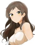  1girl absurdres alternate_costume bare_shoulders blush breasts brown_hair cropped_arms cropped_torso dress highres idolmaster idolmaster_million_live! jinoyou kitazawa_shiho looking_at_viewer looking_down medium_breasts simple_background sleeveless sleeveless_dress solo upper_body white_background yellow_eyes 