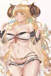  ahoge anila_(granblue_fantasy) ayana2123 blonde_hair breasts cleavage draph eyebrows_visible_through_hair food granblue_fantasy highres hikimayu horns large_breasts layered_bikini long_hair looking_at_viewer popsicle ribbon-trimmed_bikini sheep sheep_horns short_eyebrows swimsuit thick_eyebrows tongue white_background yellow_eyes 