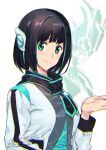  1girl ashiomi_masato black_hair breasts closed_mouth green_eyes humagear_headphones is_(kamen_rider_01) jacket kamen_rider kamen_rider_01_(series) looking_at_viewer multicolored_hair robot_ears short_hair smile solo streaked_hair white_jacket 