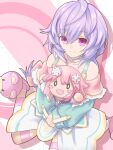  1girl character_doll d-pad d-pad_hair_ornament doll_hug dress from_above hair_between_eyes hair_ornament highres kami_jigen_game_neptune_v looking_at_viewer messy_hair neptune_(neptune_series) neptune_(series) pink_eyes purple_hair pururut smile solo 