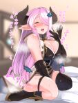  1girl asai_makoto asymmetrical_gloves between_legs black_footwear black_gloves black_legwear blue_eyes blush bottomless braid breasts demon_horns draph elbow_gloves gloves granblue_fantasy hair_over_one_eye hand_between_legs high_heels highres horns large_breasts light_purple_hair long_hair low_tied_hair narmaya_(granblue_fantasy) on_bed pointy_ears purple_hair seiza single_braid single_thighhigh sitting sleeveless solo sweat thigh_strap thighhighs translation_request uneven_gloves 