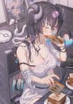  1girl bangs black_hair black_neckwear blue_hair blush breasts cellphone chair cleavage collarbone commentary demon_girl demon_horns demon_tail dress eating english_commentary eyebrows_visible_through_hair fang food food_in_mouth gradient_hair hair_between_eyes hair_on_horn hair_rollers hand_up head_wings heart highres holding holding_food hong horns indoors large_breasts long_hair looking_at_viewer multicolored_hair necktie off_shoulder on_chair original phone picture_(object) pink_hair plate roomba short_sleeves single_bare_shoulder sitting skin_fang slit_pupils smartphone snake solo table tail tail_around_arm tail_raised toast very_long_hair white_dress white_snake yellow_eyes 
