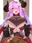  1boy 1girl asai_makoto black_gloves blue_eyes braid breasts demon_horns draph gloves gran_(granblue_fantasy) granblue_fantasy hair_ornament hair_over_one_eye heart heart-shaped_pupils hetero highres horns large_breasts light_purple_hair long_hair low_tied_hair lubrication narmaya_(granblue_fantasy) pointy_ears purple_hair single_braid snowman_hair_ornament straddling symbol-shaped_pupils 