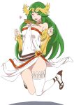  1girl ashiomi_masato bare_shoulders breasts dress green_hair jewelry kid_icarus large_breasts long_hair necklace open_mouth palutena simple_background single_thighhigh smile solo super_smash_bros. thighhighs tiara very_long_hair white_background 